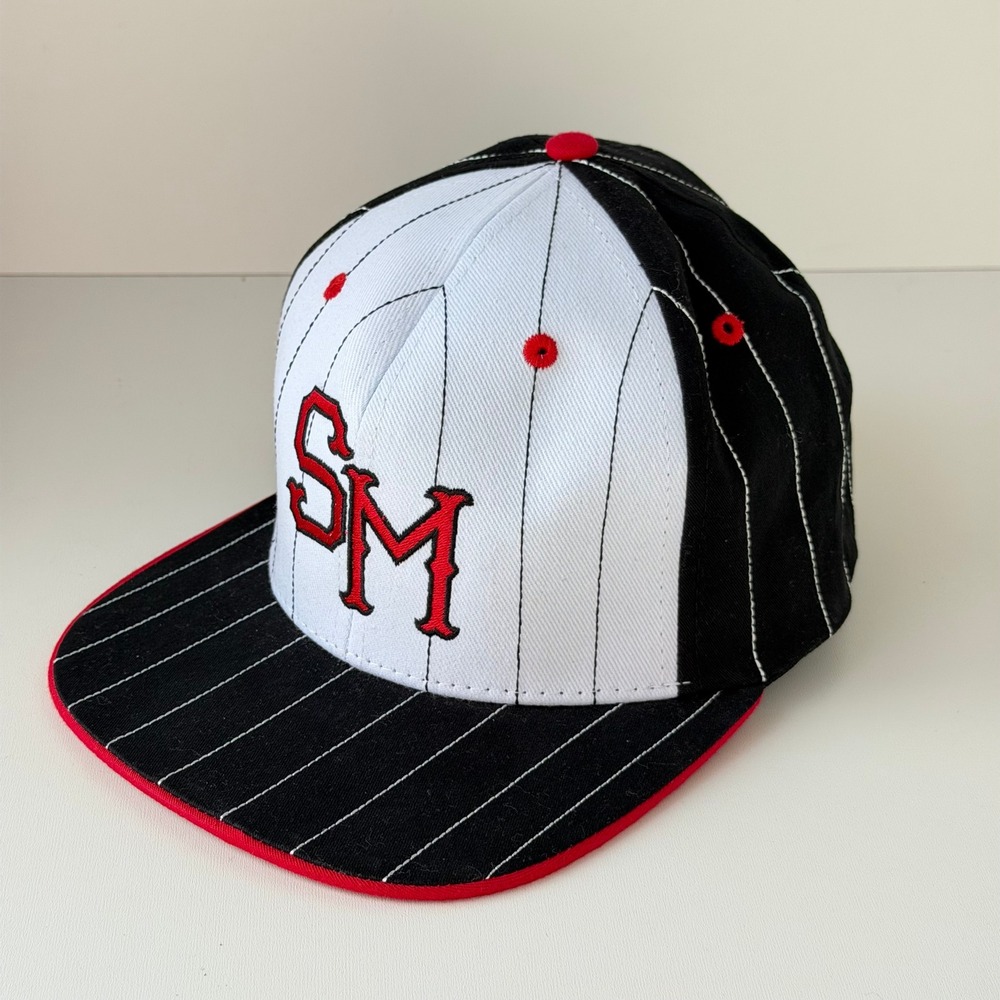 Retro SM Logo Pinstripe Baseball Cap Large Flat Brim Fitted San Manuel Casino